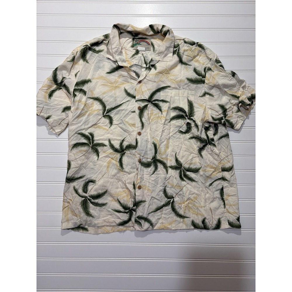 Paradise Found Hawaiian Shirt Mens XL Palm Tree Print Cream Green Rayon Aloha